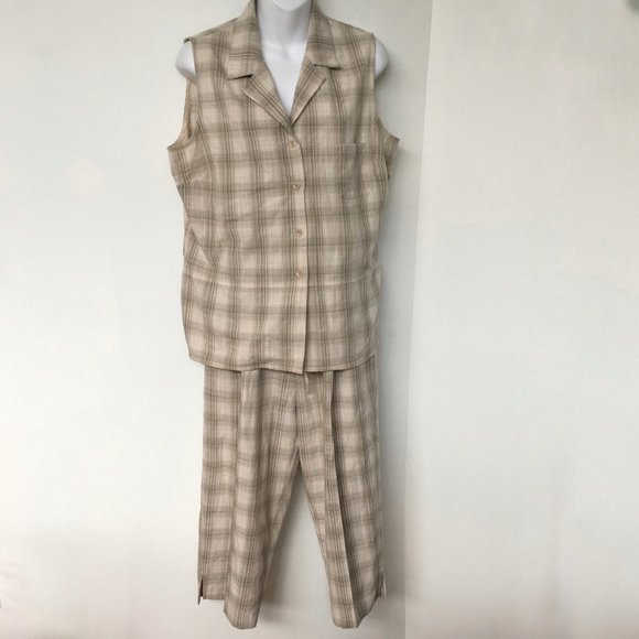 Vtg 2 Piece Set M Beige & Green Plaid Check - Picture 1 of 10